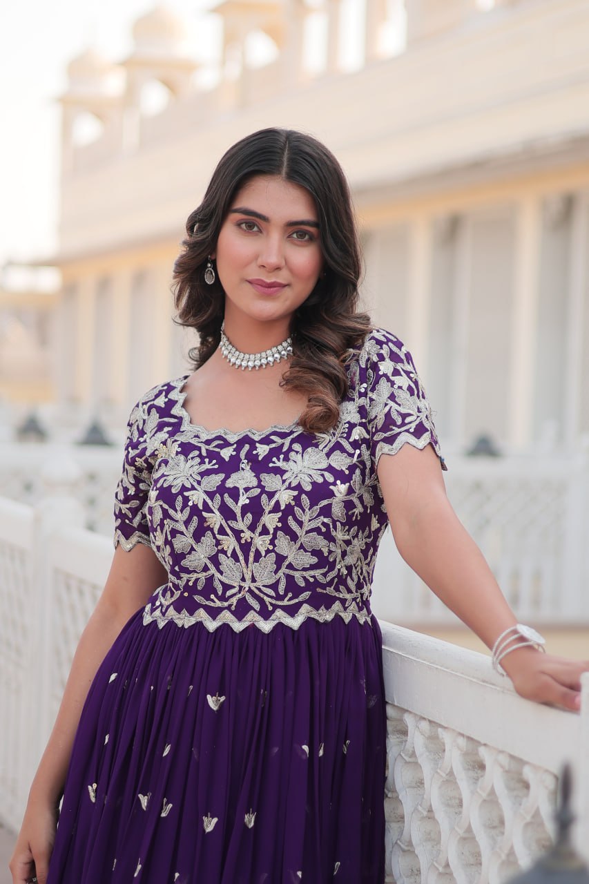 Sublime Faux Georgette Cording Sequins Worked Gown - INDIAN ELEGANCE