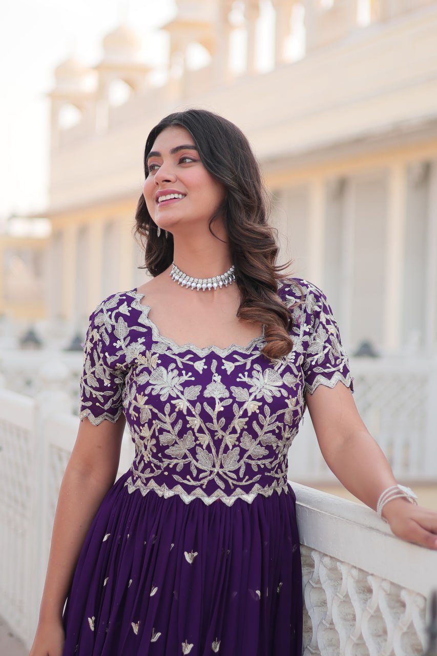 Sublime Faux Georgette Cording Sequins Worked Gown - INDIAN ELEGANCE