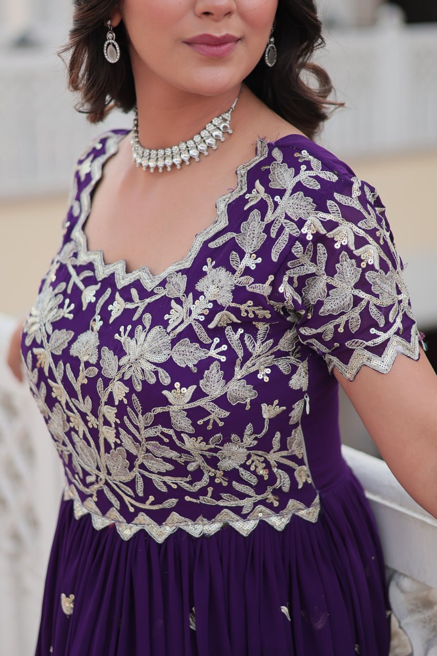 Sublime Faux Georgette Cording Sequins Worked Gown - INDIAN ELEGANCE