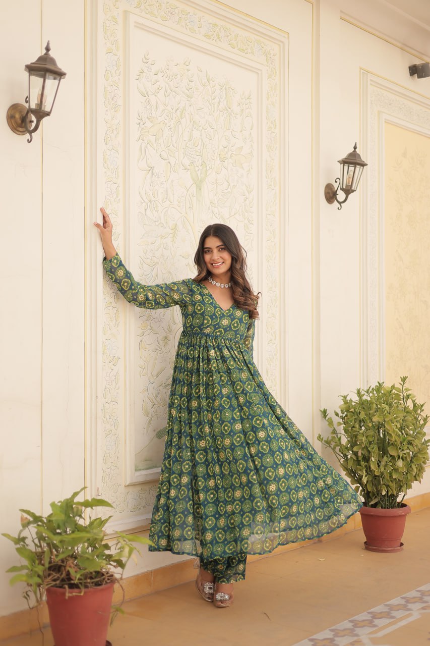 Dashing Faux Georgette Foil Printed Fully Stitched Top Pant Suit - INDIAN ELEGANCE