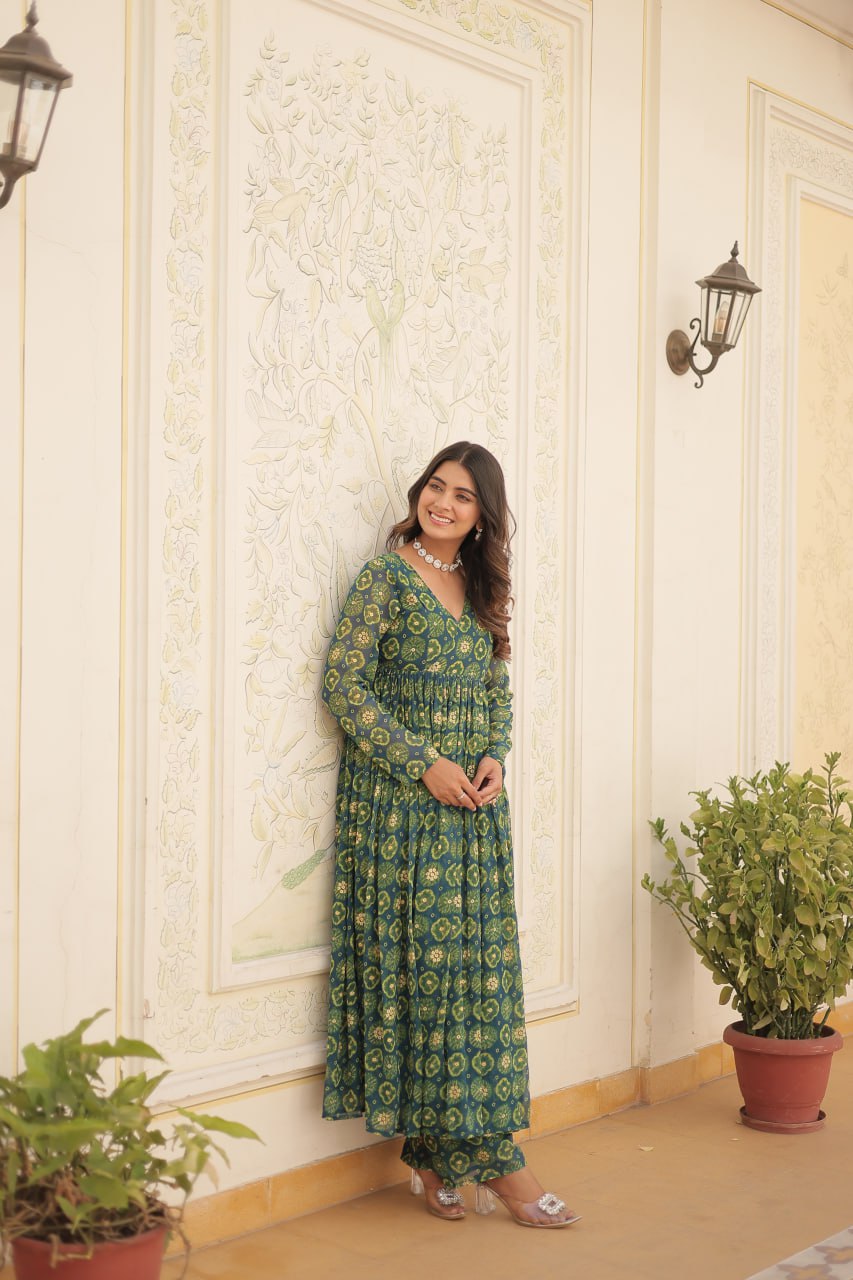 Dashing Faux Georgette Foil Printed Fully Stitched Top Pant Suit - INDIAN ELEGANCE