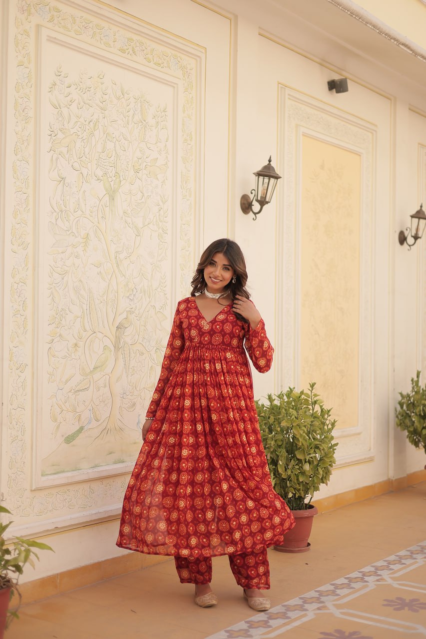 Dashing Faux Georgette Foil Printed Fully Stitched Top Pant Suit - INDIAN ELEGANCE