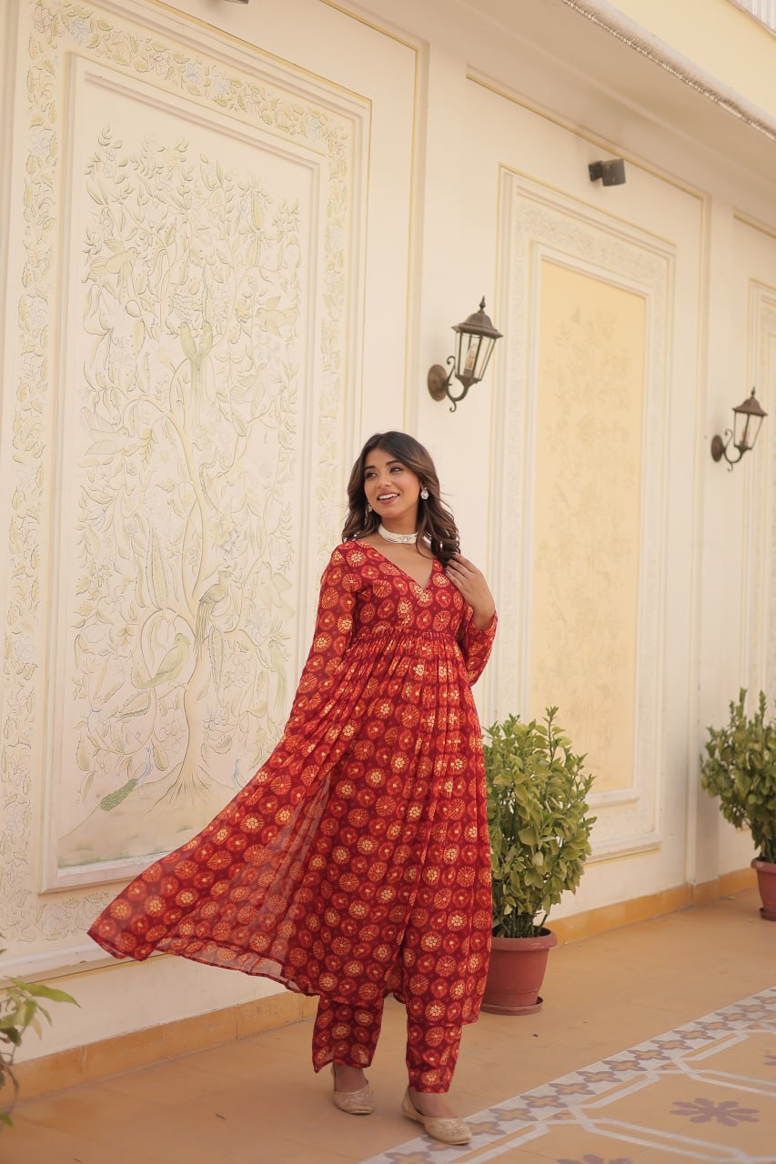 Dashing Faux Georgette Foil Printed Fully Stitched Top Pant Suit - INDIAN ELEGANCE