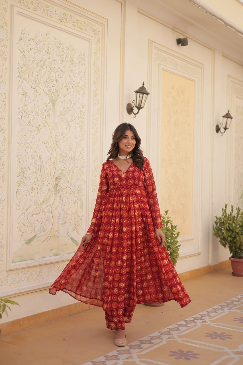 Dashing Faux Georgette Foil Printed Fully Stitched Top Pant Suit - INDIAN ELEGANCE