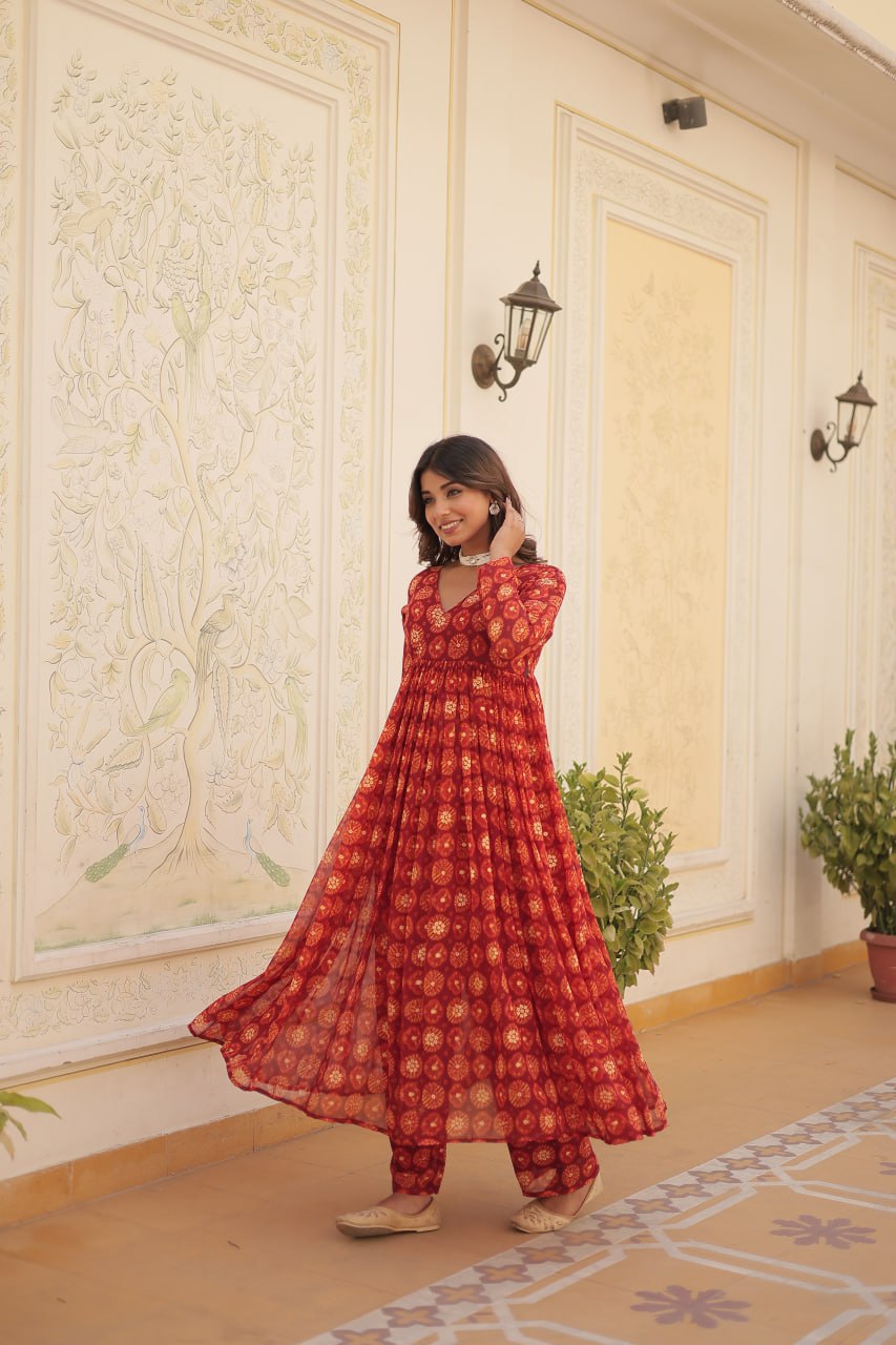 Dashing Faux Georgette Foil Printed Fully Stitched Top Pant Suit - INDIAN ELEGANCE