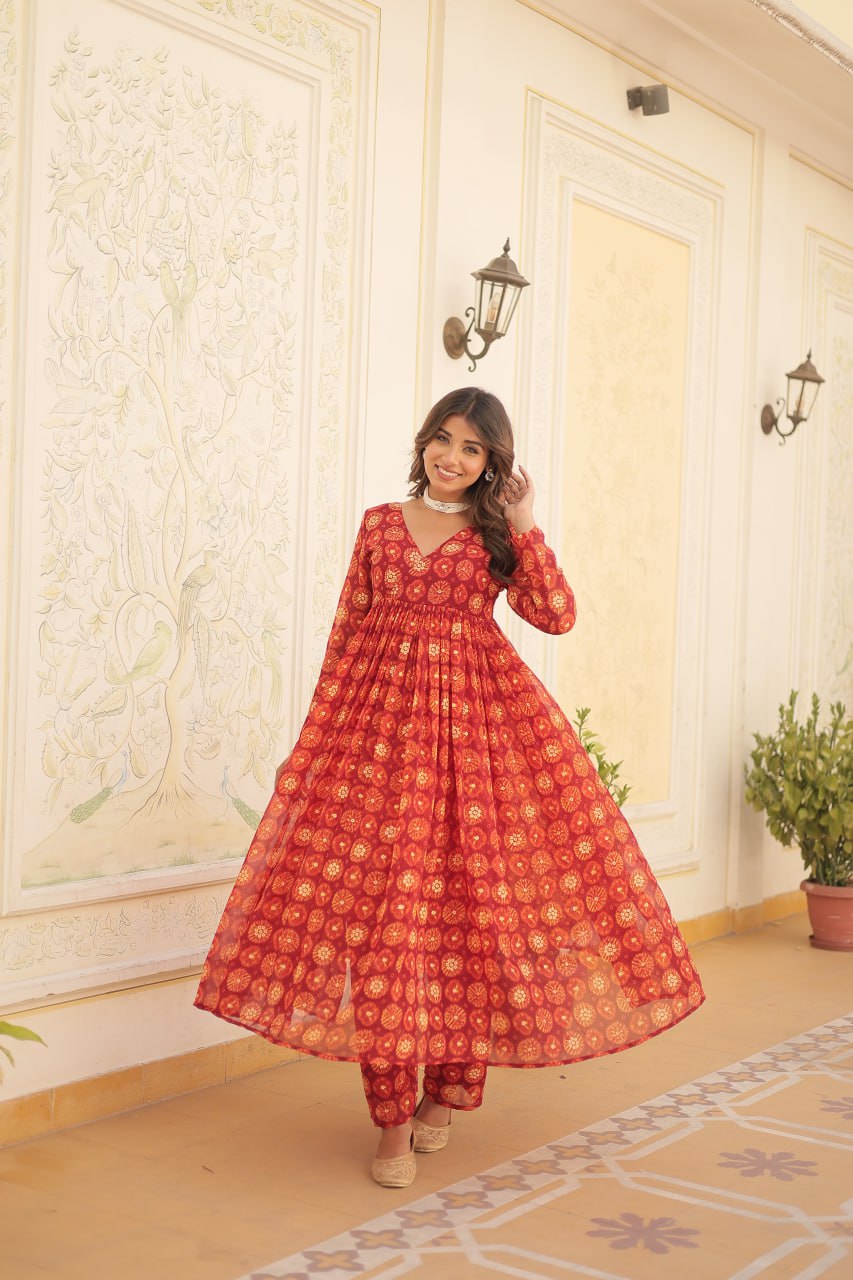 Dashing Faux Georgette Foil Printed Fully Stitched Top Pant Suit - INDIAN ELEGANCE