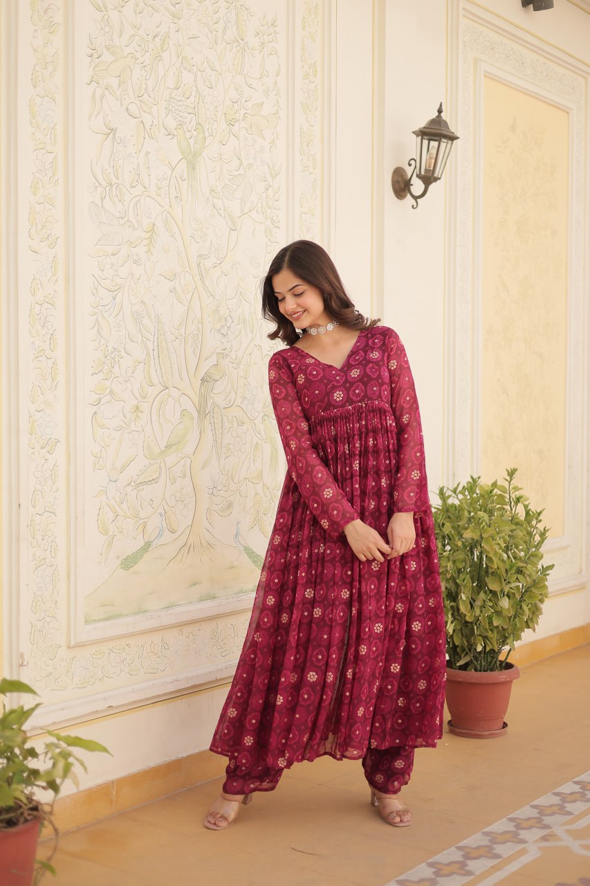 Dashing Faux Georgette Foil Printed Fully Stitched Top Pant Suit - INDIAN ELEGANCE