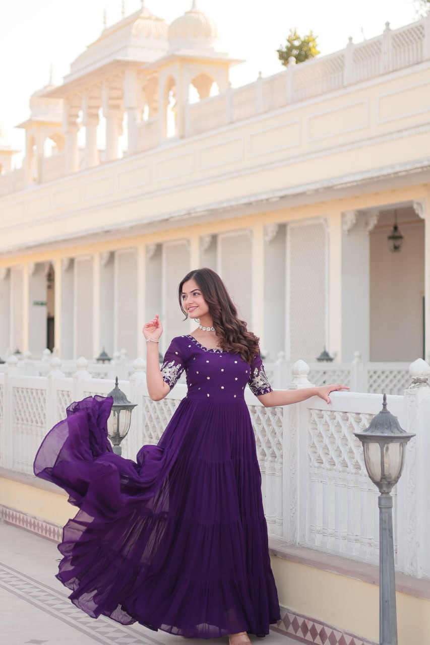 Beguiling Faux Georgette Zari Sequins Worked Designer Gown - INDIAN ELEGANCE