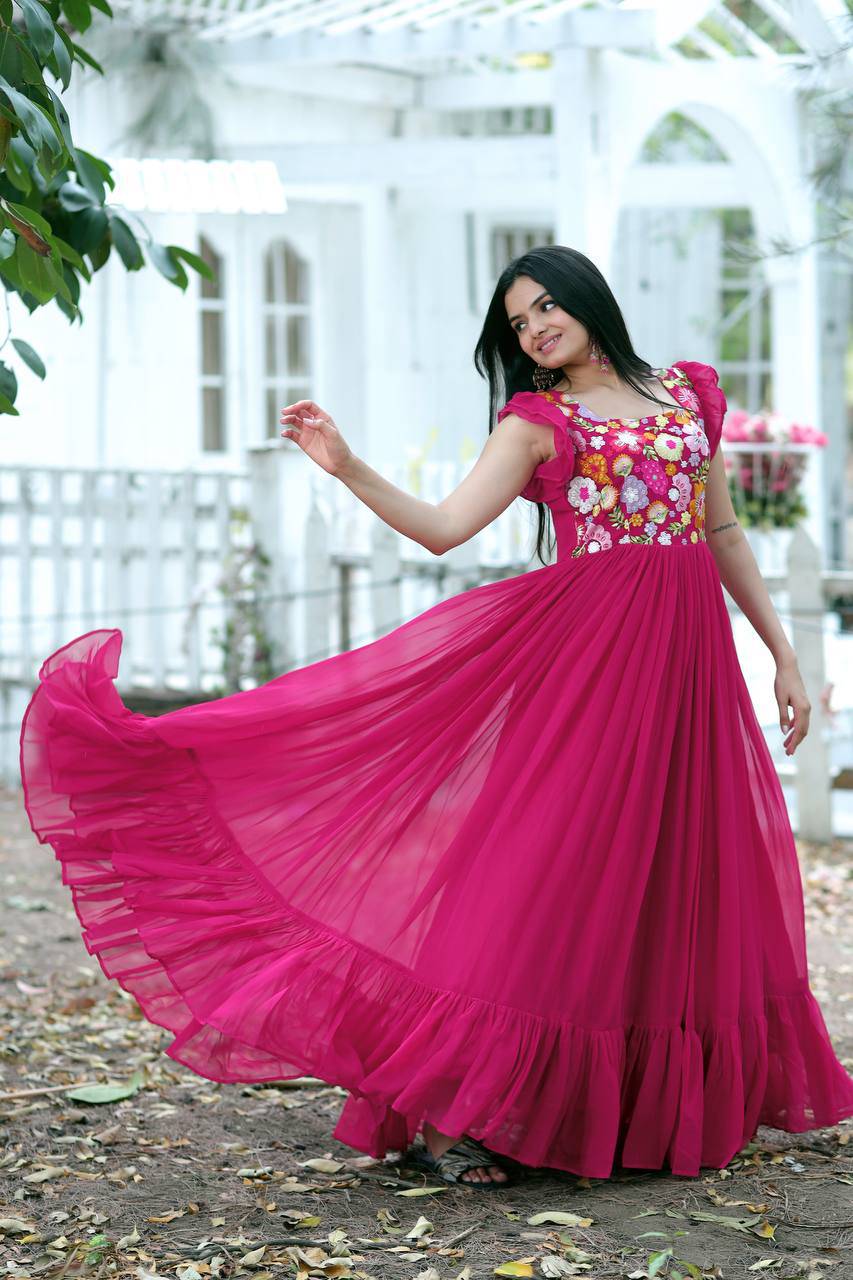 Gentle Faux Georgette Sequins Embroidered Fully Stitched Gown - INDIAN ELEGANCE