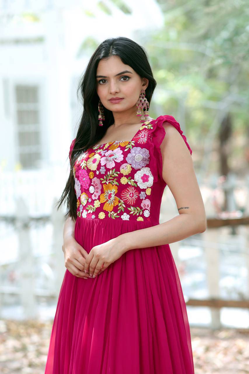 Gentle Faux Georgette Sequins Embroidered Fully Stitched Gown - INDIAN ELEGANCE