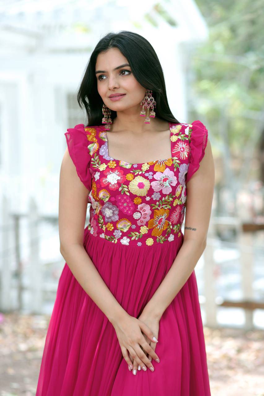 Gentle Faux Georgette Sequins Embroidered Fully Stitched Gown - INDIAN ELEGANCE