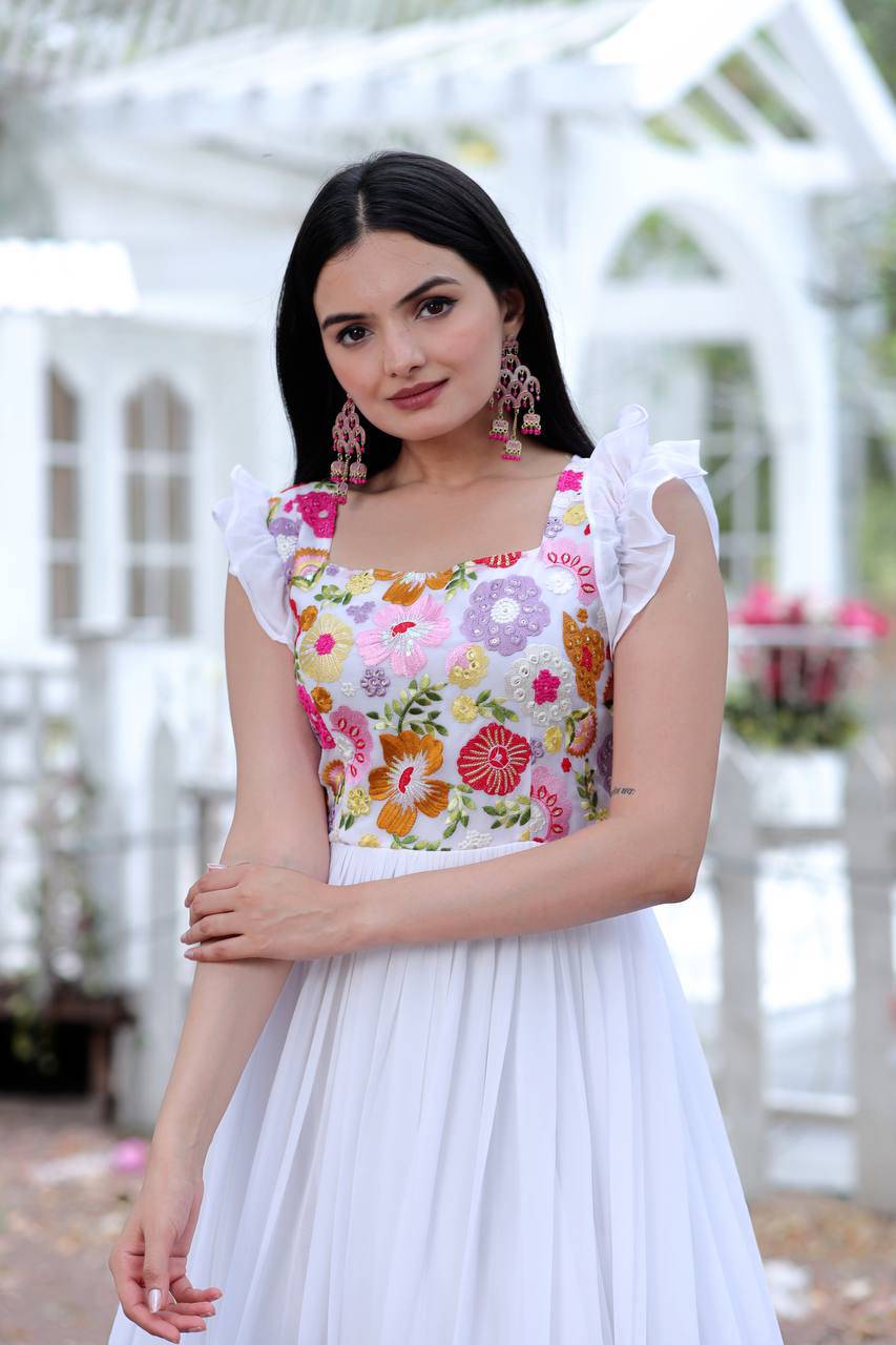 Gentle Faux Georgette Sequins Embroidered Fully Stitched Gown - INDIAN ELEGANCE