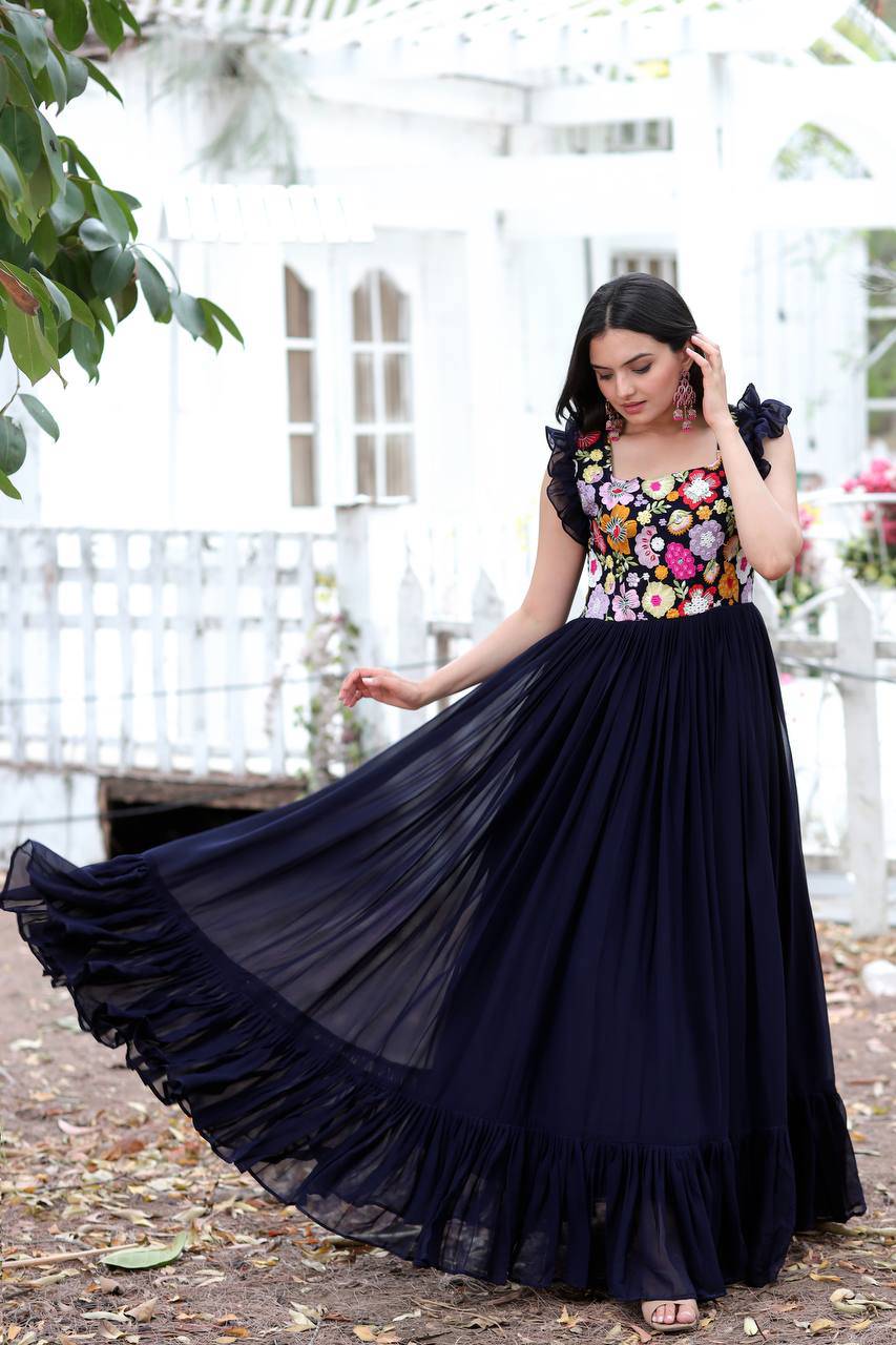 Gentle Faux Georgette Sequins Embroidered Fully Stitched Gown - INDIAN ELEGANCE