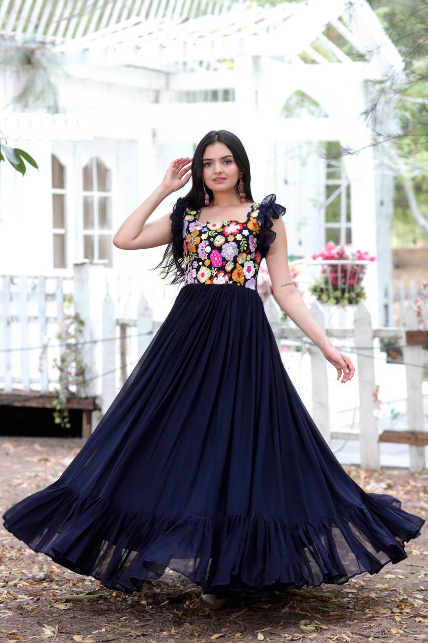Gentle Faux Georgette Sequins Embroidered Fully Stitched Gown - INDIAN ELEGANCE