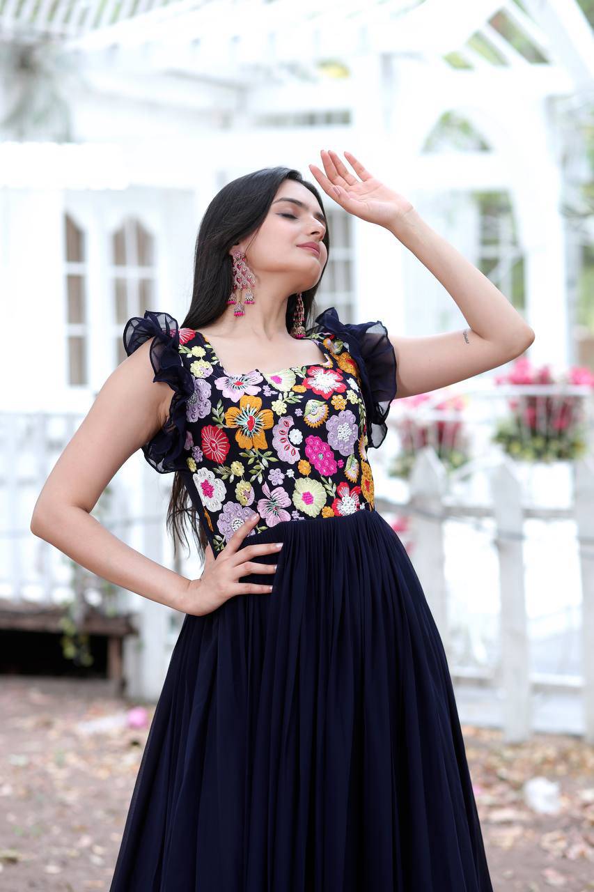 Gentle Faux Georgette Sequins Embroidered Fully Stitched Gown - INDIAN ELEGANCE
