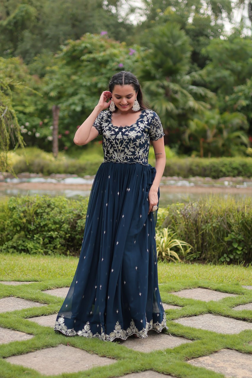 Breathtaking Rama Faux Georgette Cording Sequins Worked Gown - INDIAN ELEGANCE