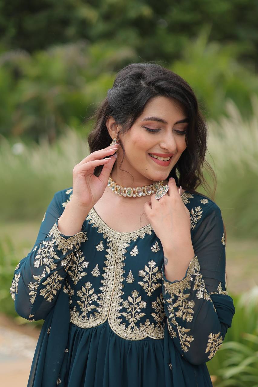 Breathtaking Rama Faux Georgette Fully Stitched Designer Gown - INDIAN ELEGANCE