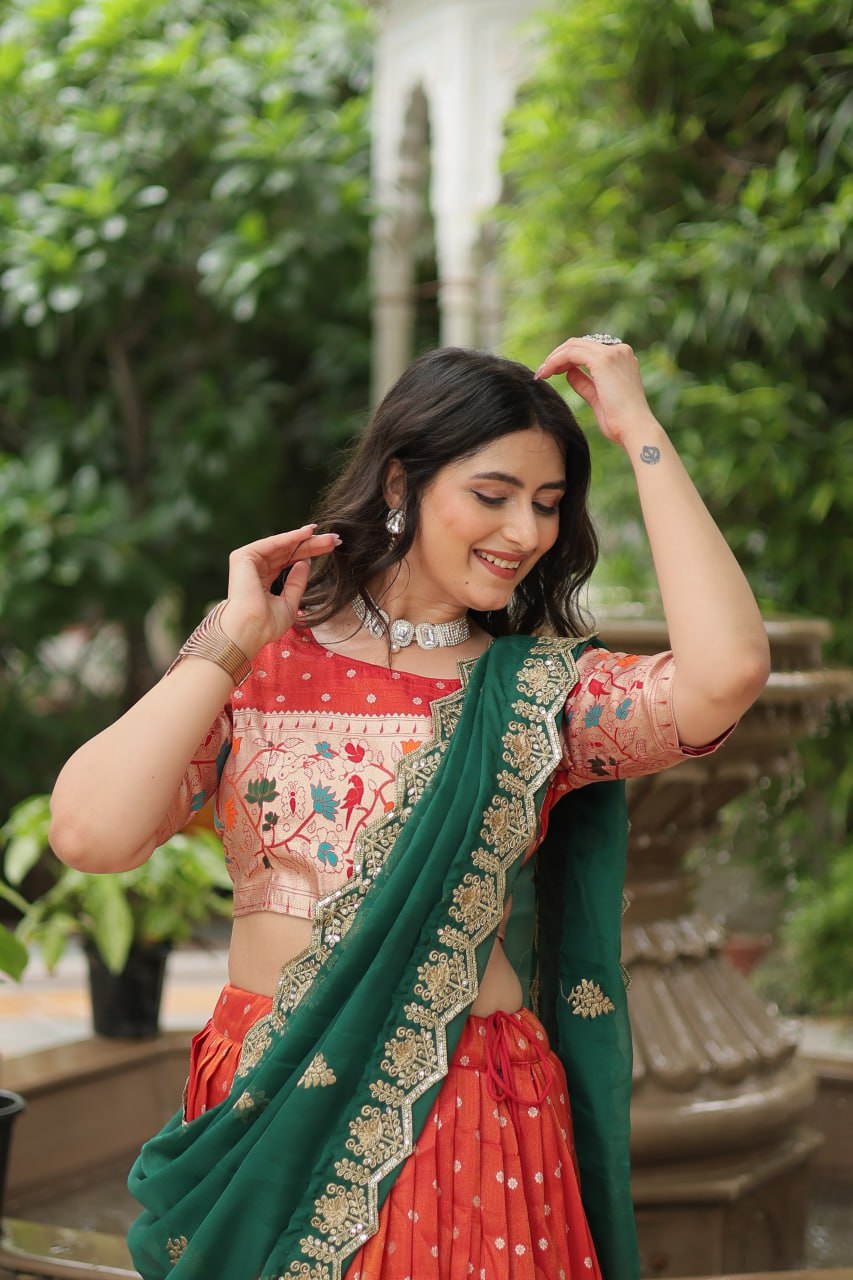 Exquisite Jacquard Meena Weaving Worked Lehenga Choli Set - INDIAN ELEGANCE