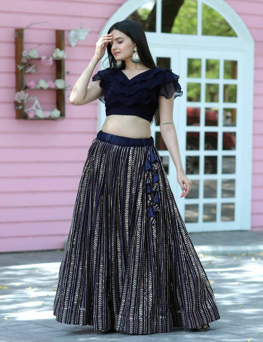 Navy Blue Faux Georgette Sequins Worked Fully Stitched Lehenga Choli - INDIAN ELEGANCE