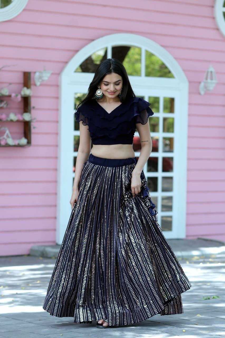 Navy Blue Faux Georgette Sequins Worked Fully Stitched Lehenga Choli - INDIAN ELEGANCE