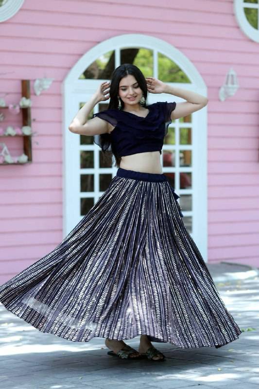 Navy Blue Faux Georgette Sequins Worked Fully Stitched Lehenga Choli - INDIAN ELEGANCE