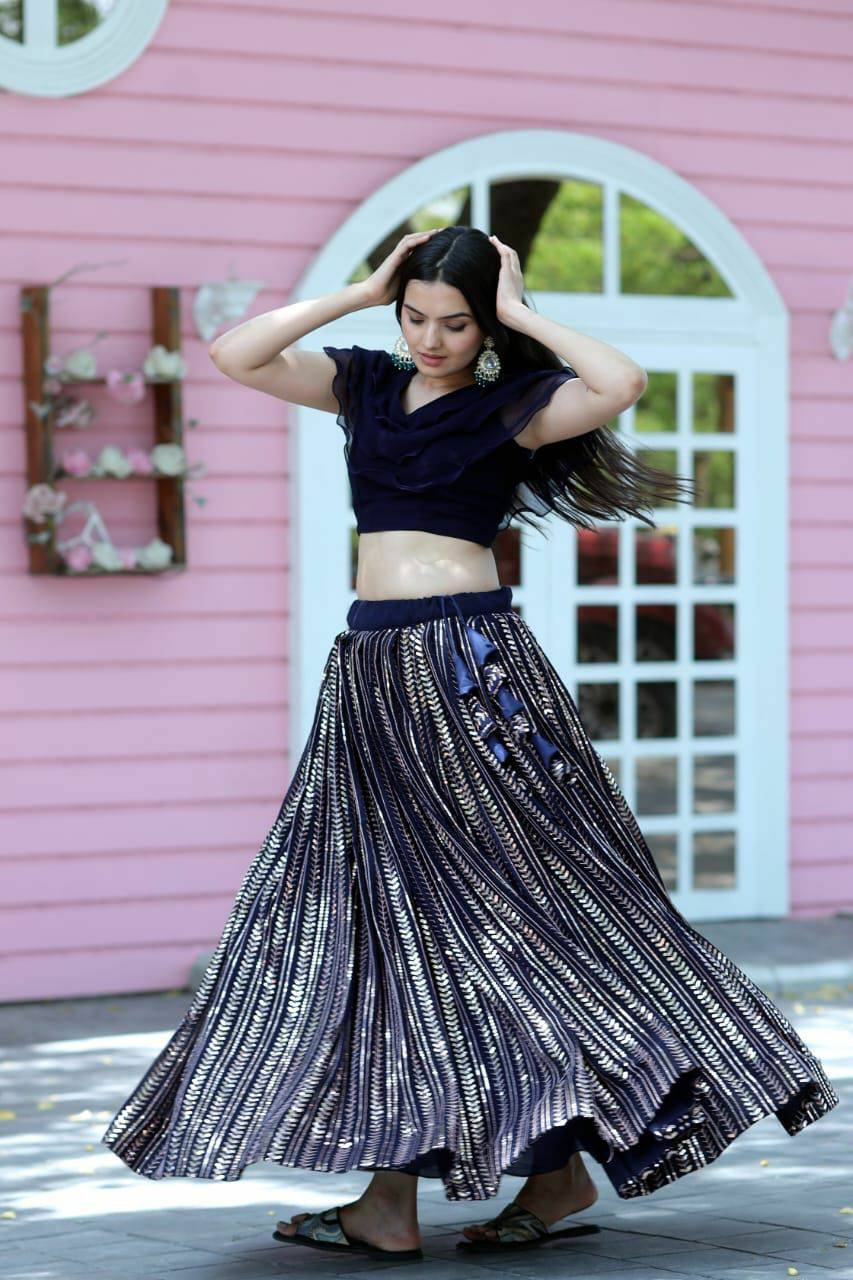 Navy Blue Faux Georgette Sequins Worked Fully Stitched Lehenga Choli - INDIAN ELEGANCE