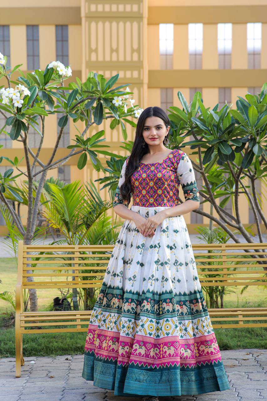 Enamoring Patola Silk Rich Printed Designer Gown - INDIAN ELEGANCE
