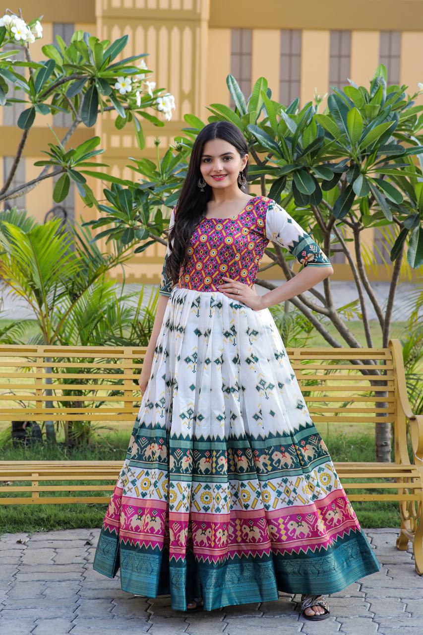 Enamoring Patola Silk Rich Printed Designer Gown - INDIAN ELEGANCE
