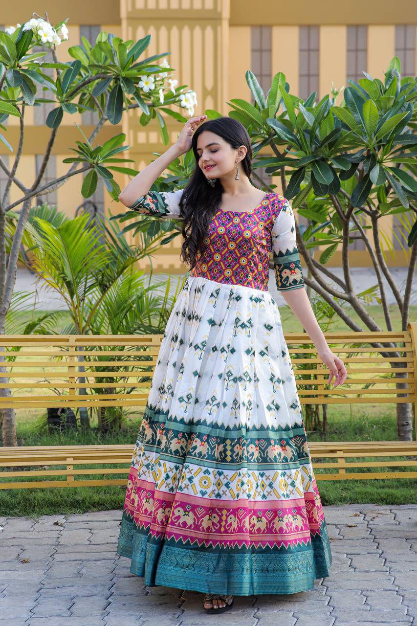 Enamoring Patola Silk Rich Printed Designer Gown - INDIAN ELEGANCE