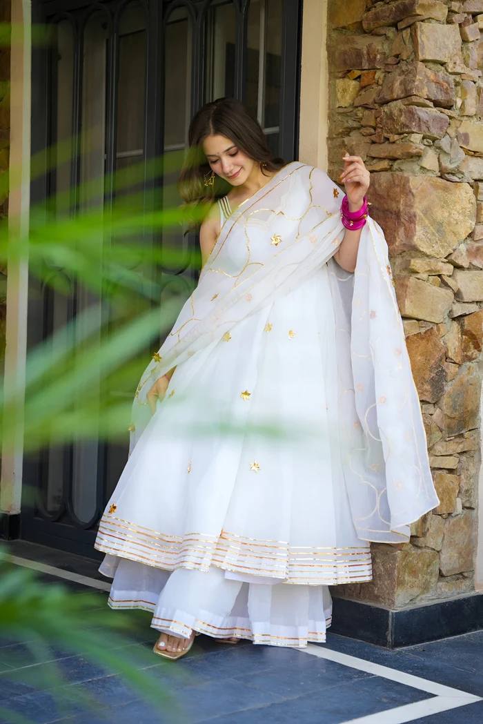 White Faux Georgette Anarkali Suit Set for Women