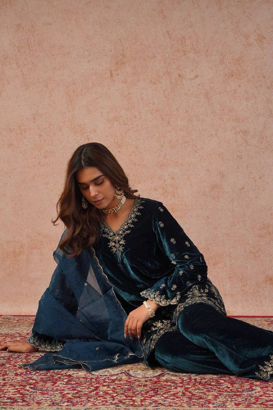 Teal Blue Heavy Viscose Velvet Kurta Pant Set with Thread Embroidery & Faux Georgette Dupatta
