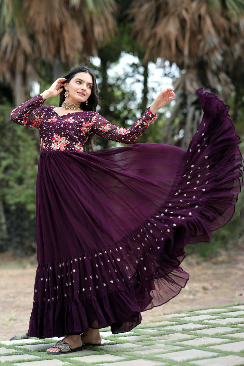 Prepossessing Wine Faux Georgette Sequins Worked Designer Gown - INDIAN ELEGANCE