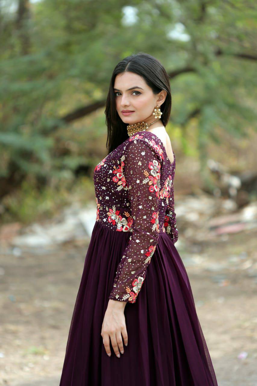Prepossessing Wine Faux Georgette Sequins Worked Designer Gown - INDIAN ELEGANCE