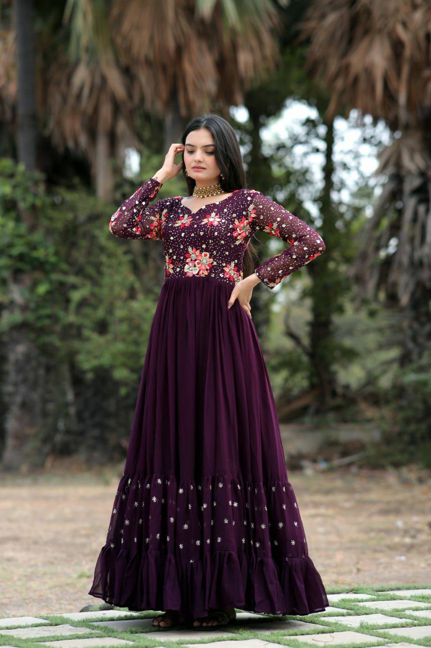 Prepossessing Wine Faux Georgette Sequins Worked Designer Gown - INDIAN ELEGANCE