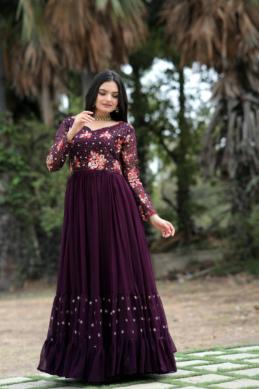 Prepossessing Wine Faux Georgette Sequins Worked Designer Gown - INDIAN ELEGANCE