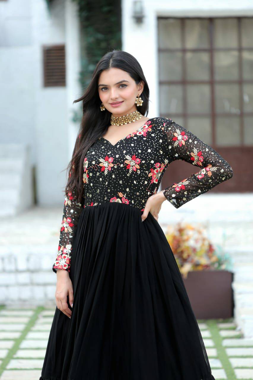 Prepossessing Wine Faux Georgette Sequins Worked Designer Gown - INDIAN ELEGANCE