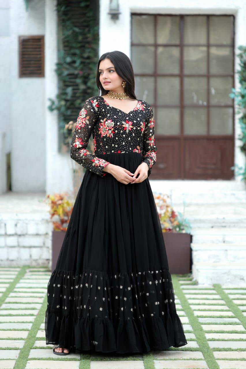 Prepossessing Wine Faux Georgette Sequins Worked Designer Gown - INDIAN ELEGANCE