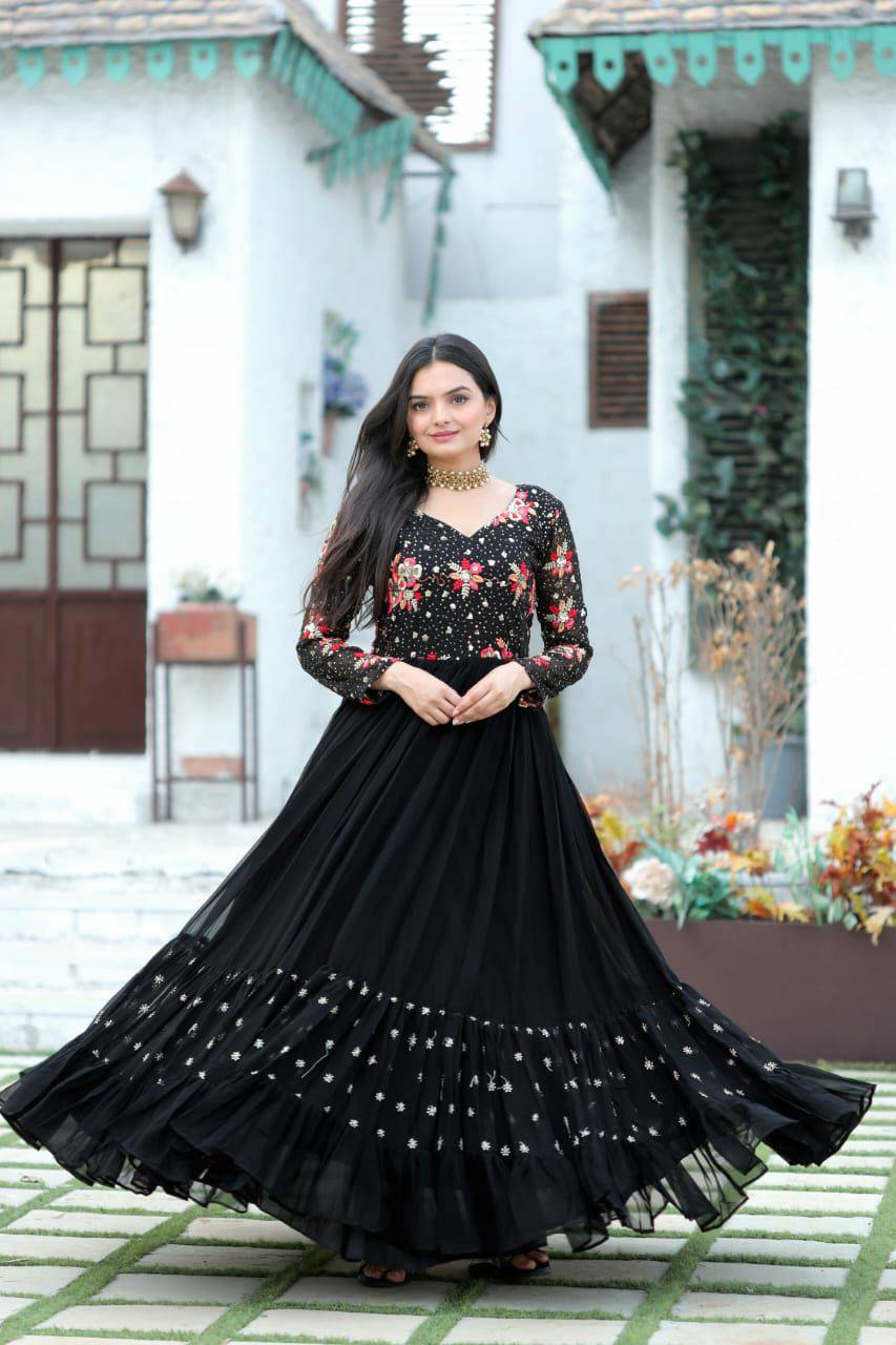 Prepossessing Wine Faux Georgette Sequins Worked Designer Gown - INDIAN ELEGANCE