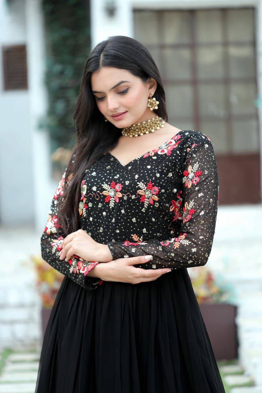 Prepossessing Wine Faux Georgette Sequins Worked Designer Gown - INDIAN ELEGANCE