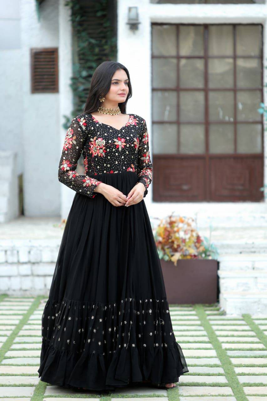 Prepossessing Wine Faux Georgette Sequins Worked Designer Gown - INDIAN ELEGANCE