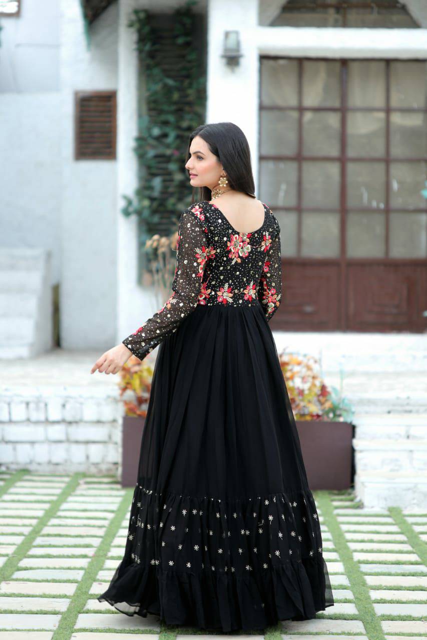 Prepossessing Wine Faux Georgette Sequins Worked Designer Gown - INDIAN ELEGANCE