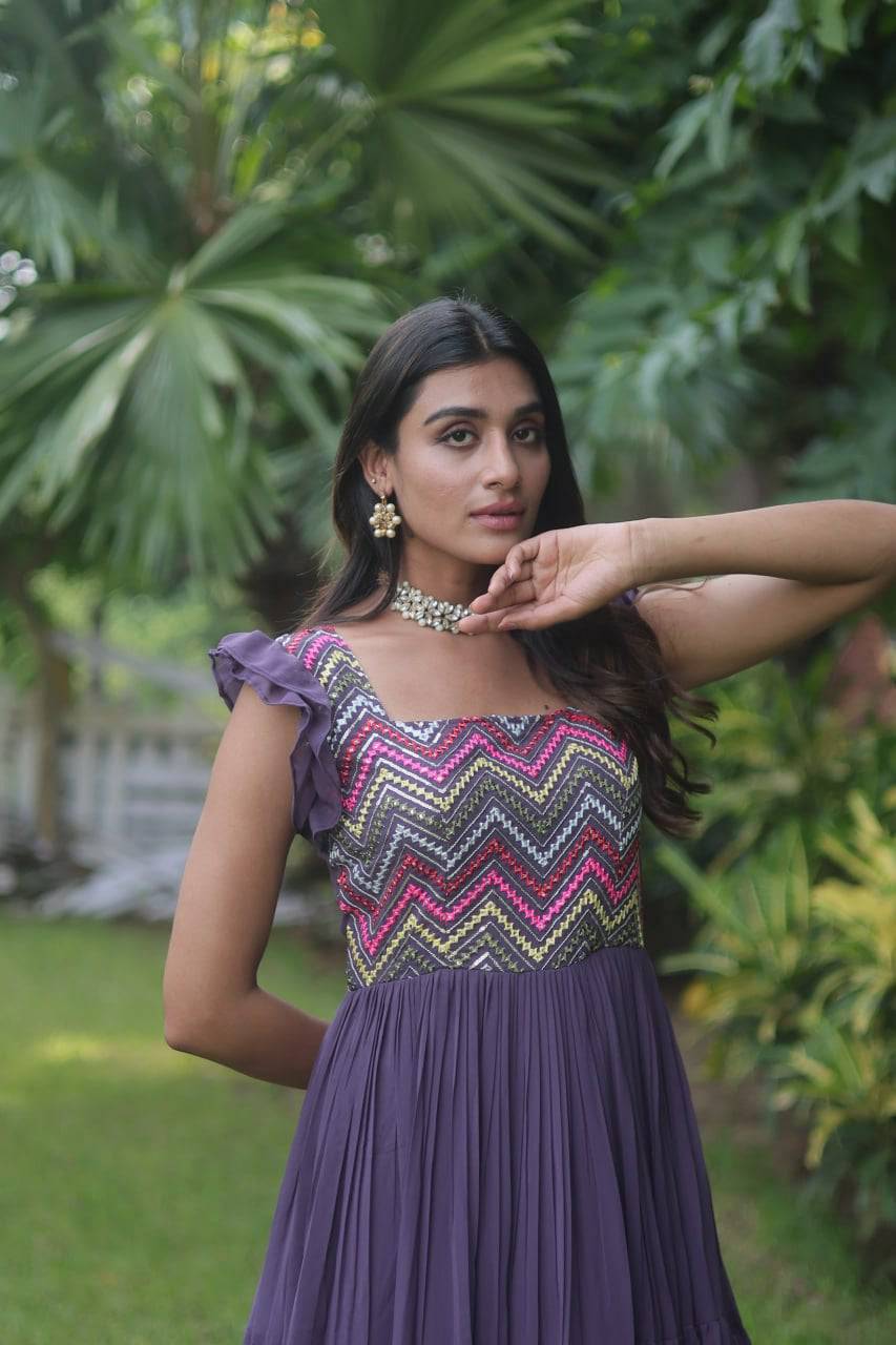 Loveable Faux Georgette Sequins Embroidered Fully Stitched Gown - INDIAN ELEGANCE