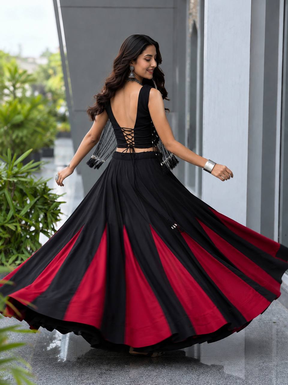 Black & Red Cotton Lehenga Choli for Women | 8 Meter Flared Designer Lehenga with Padded Blouse