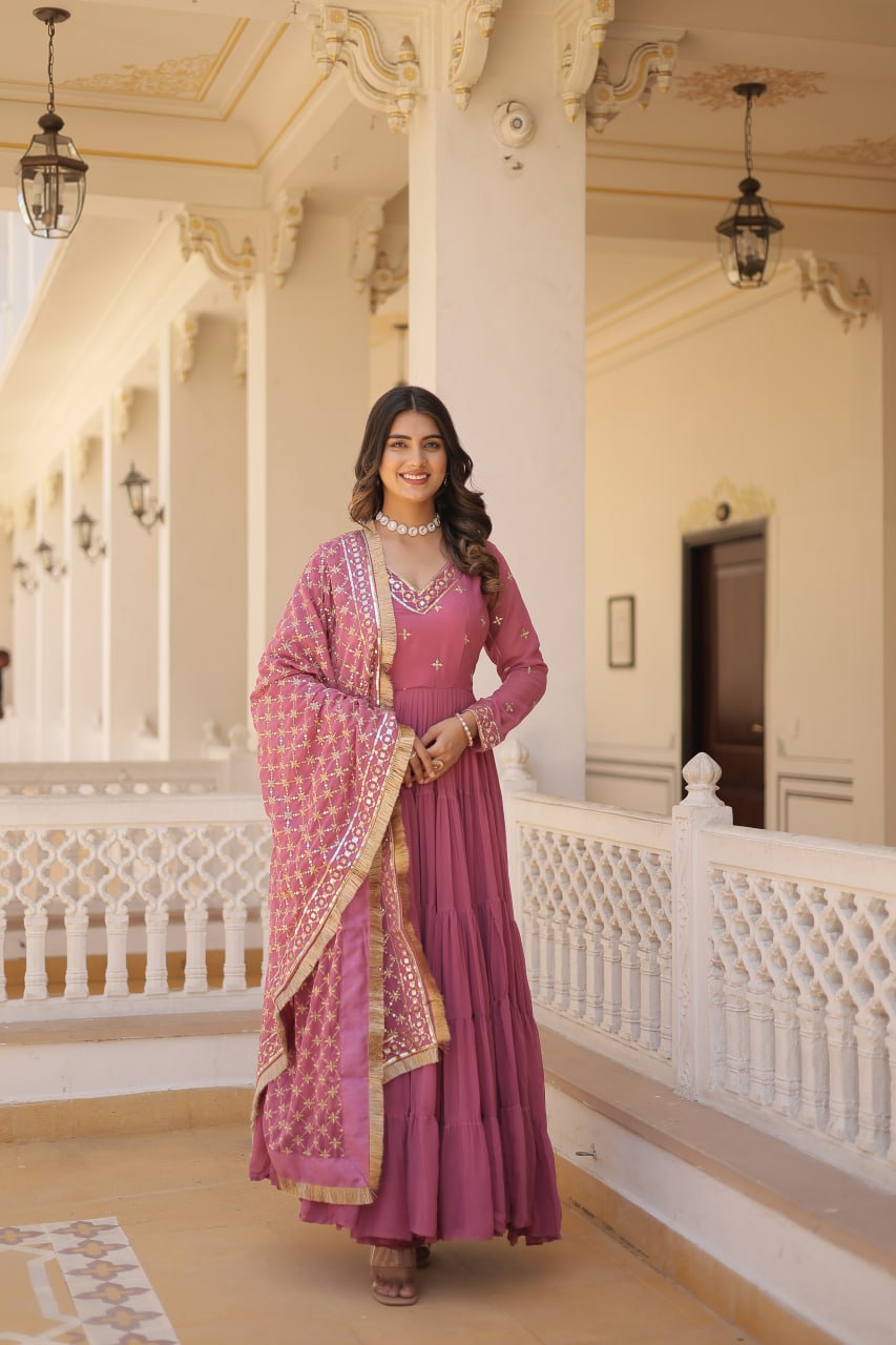 Gorgeous Faux Georgette Sequins Embroidered Gown With Dupatta - INDIAN ELEGANCE