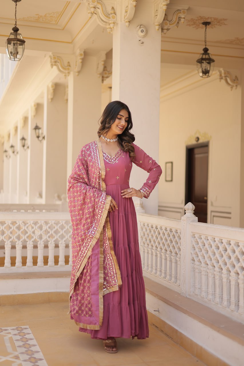 Gorgeous Faux Georgette Sequins Embroidered Gown With Dupatta - INDIAN ELEGANCE