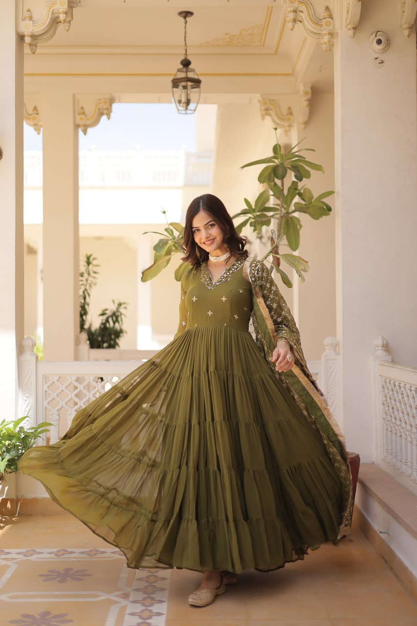 Gorgeous Faux Georgette Sequins Embroidered Gown With Dupatta - INDIAN ELEGANCE