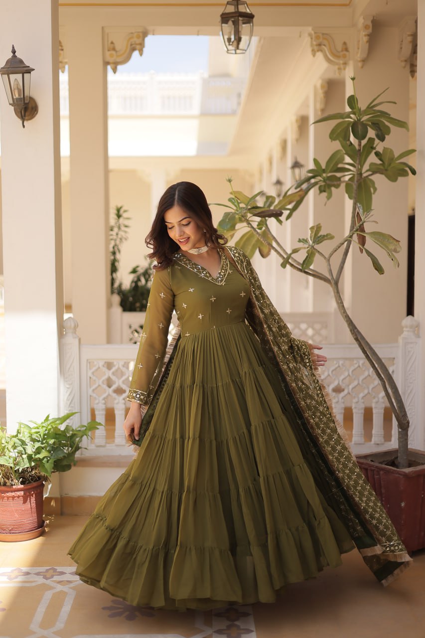 Gorgeous Faux Georgette Sequins Embroidered Gown With Dupatta - INDIAN ELEGANCE