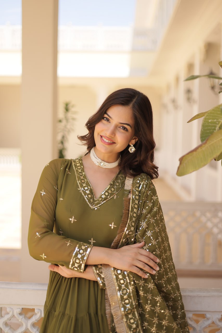 Gorgeous Faux Georgette Sequins Embroidered Gown With Dupatta - INDIAN ELEGANCE