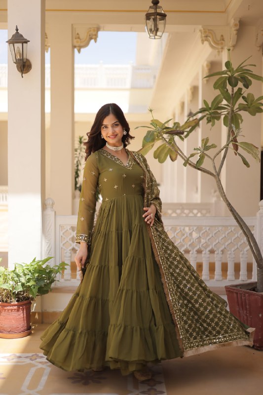 Gorgeous Faux Georgette Sequins Embroidered Gown With Dupatta - INDIAN ELEGANCE