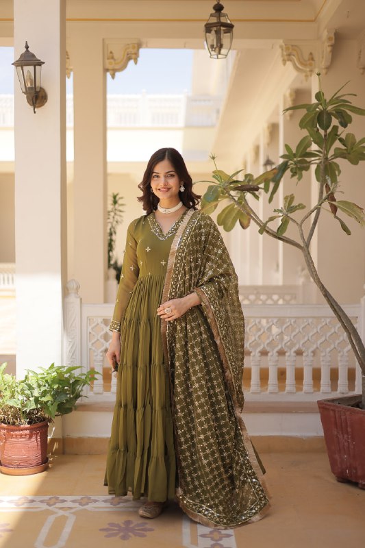Gorgeous Faux Georgette Sequins Embroidered Gown With Dupatta - INDIAN ELEGANCE